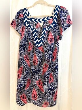 Milly Sheer Silk Blend Tunic Cover Up 🌴 Navy Pink Abstract Beach Swim Top Size M